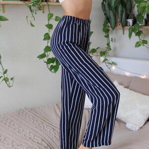 Brandy Melville Navy Blue Stripe High Rise Flowy Trouser Bottoms One Size
